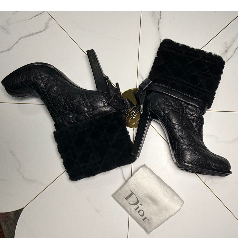 2010's Dior Black Quilted Heeled Boots with Plush‎ Cuffs, Dior Ice Cannagel